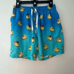 Chubbies Men’s Medium The Neon Lights Rubber Duck Swim Trunks 7” Blue Yellow